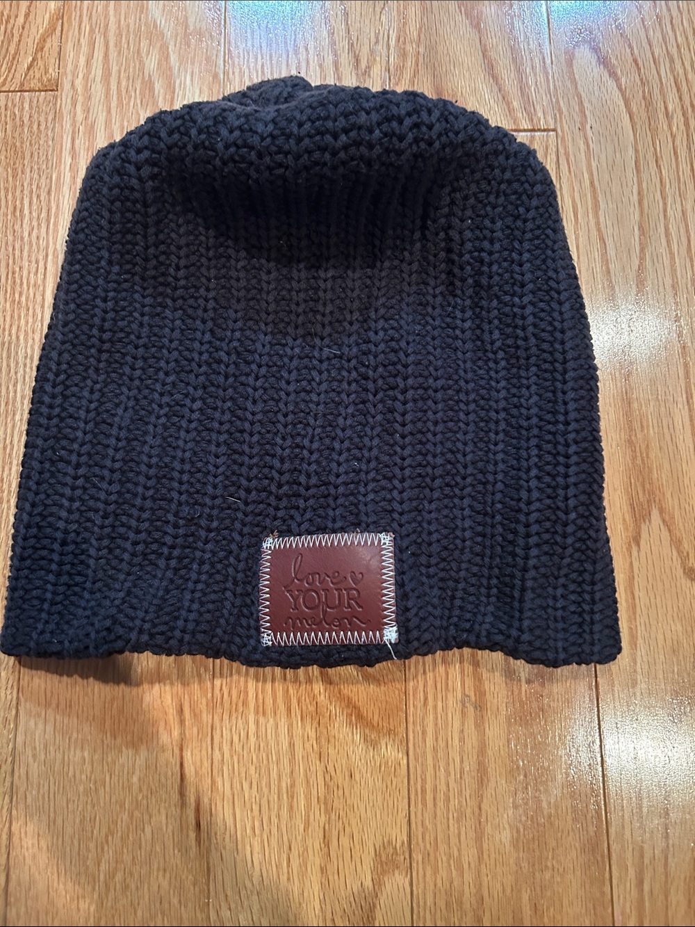 Love Your Melon Ribbed Knit Beanie with Brown Leather Patch